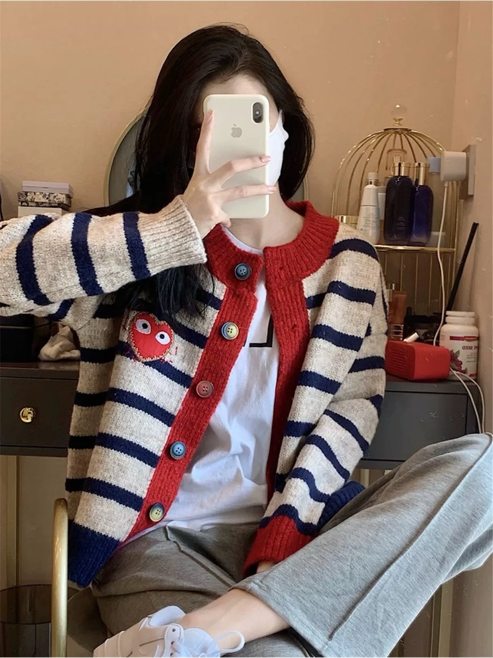 NWOT Striped Red-Trim Heart Patch Cardigan Sweater